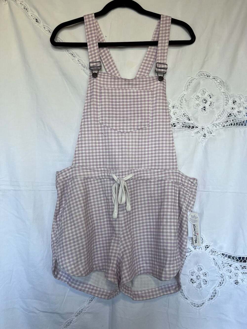 WallFlower Gingham Fleece Hoodie-Knit Shortall Overalls in Lavender